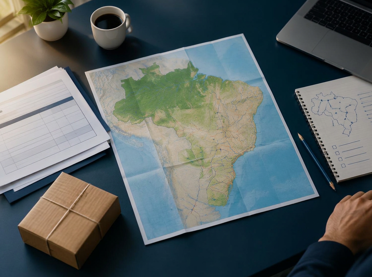 Mapa do Brasil, documentos e encomenda sobre uma mesa de planejamento logístico